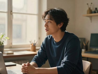 Candid environmental portrait of a subject mid-conversation in a sunlit creative workspace, soft directional window light, cinematic framing.