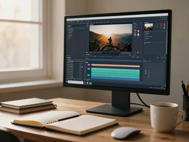 A quiet creative workspace with a large monitor displaying video editing software, physical notebooks, a ceramic coffee mug, soft warm window light, 35mm film grain.