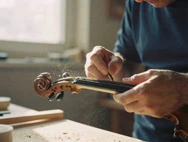 Close-up of hands carving a wooden violin neck in a dusty workshop, warm directional window light catching sawdust in the air, 35mm film grain.