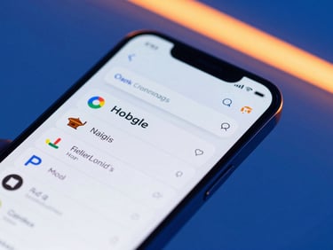 Close-up of a smartphone displaying a Google Maps search result for a local business, crisp studio lighting with blue and orange accents, sharp focus.