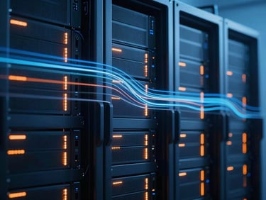 Abstract digital light trails flowing over server racks, cool blue studio lighting with orange neon accents, sharp focus on data streams.
