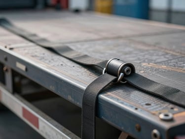 Close-up of heavy-duty cargo strapping on a flatbed truck, realistic motion blur, cool crisp industrial lighting.