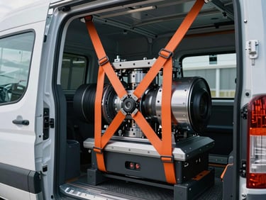 Close-up shot of heavy-duty orange cargo straps securing precision machinery inside a clean, modern delivery van, bright cool daylight spilling through the open back doors.