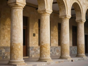 Warm editorial photography of Cairo University Faculty of Medicine, majestic columns, soft daylight, 35mm