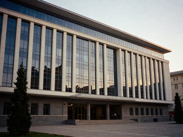 Warm editorial photography of Al-Farabi Kazakh National University campus architecture, modern glass building, soft daylight, 35mm