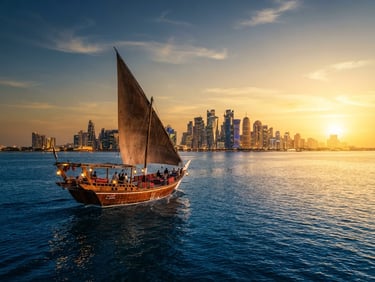 Cinematic wide shot of a traditional wooden dhow sailing on deep blue waters, glittering West Bay skyline at golden hour, warm editorial travel photography