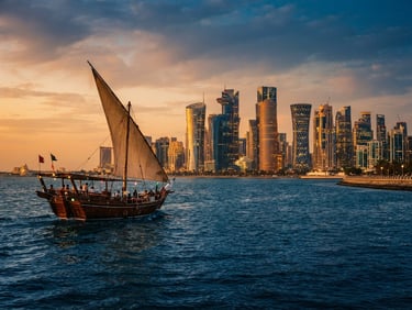 Cinematic wide shot of the West Bay skyline at golden hour, a traditional wooden dhow sailing on deep blue waters in the foreground, warm editorial travel photography, 35mm