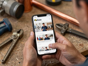 A smartphone showing a plumbing service website mockup, held by hands in a workshop environment, industrial tools and copper pipes in the background