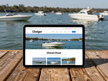 A tablet displaying a boat charter website mockup, resting on a wooden dock with boats floating on Clear Lake in the background, bright natural Texas daylight