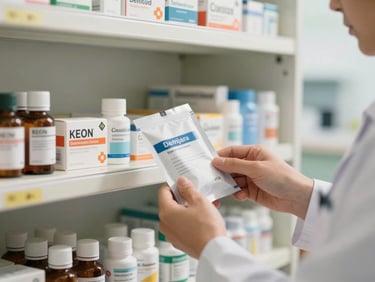 Bright, natural daylight illuminating an organized shelf of medicine, hands of a pharmacist carefully preparing a local delivery package, close-up, warm clinical modernism.