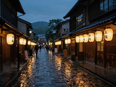 A traditional wooden street in Kyoto at night, glowing paper lanterns, soft rain reflecting on cobblestones