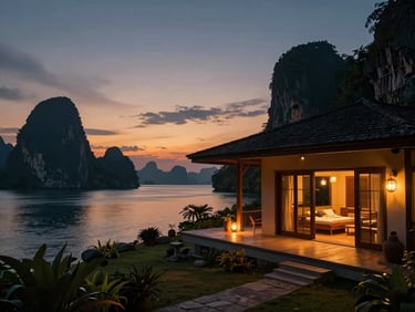 A secluded luxury villa overlooking Phang Nga Bay at sunset, limestone karsts in the background, warm glowing lanterns