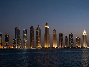 Wide cinematic view of Dubai skyline at twilight, architectural marvels glowing, deep blue water in foreground