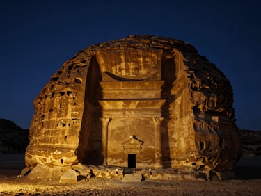 Dramatic twilight shot of the ancient rock tombs of Hegra in AlUla, warm glowing lights reflecting off sandstone, deep navy sky