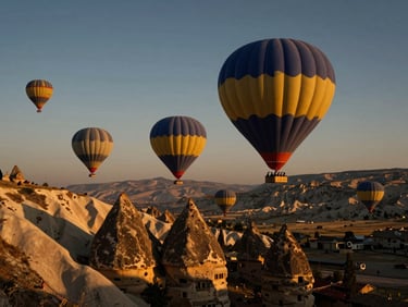 Hot air balloons drifting over Cappadocia's fairy chimneys at sunrise, warm golden light, rich shadows