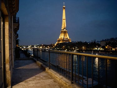 An empty, elegant Parisian balcony overlooking the Seine at dusk, Eiffel Tower glowing softly in the distance