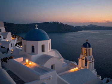 A quiet white-washed terrace in Santorini overlooking the caldera at dusk, warm glowing candles