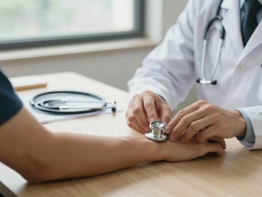 Close-up of a doctor's hands and a patient's arm during a general consultation, natural window light, stethoscope visible on the desk, calm and attentive interaction