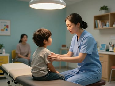 Pediatric consultation room, a nurse kneeling to interact gently with a young child seated on an exam table, warm overhead lighting, colorful but orderly space, parent visible in background