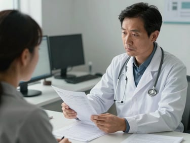 Medical specialist reviewing test results with a patient at a desk, soft clinic lighting, papers and a monitor visible, attentive professional posture, respectful conversation framing