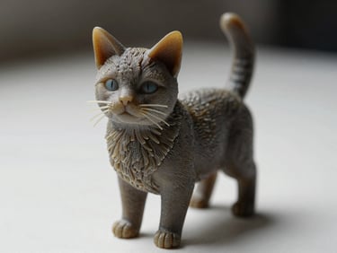 Macro close-up of a 3D-printed pet figurine — a cat or small dog — on a white studio surface under daylight-balanced light, sharp fur-texture detail on the resin surface
