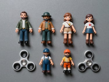 Overhead flat-lay of four high-detail collectible toy figures and two precision-printed fidget spinners arranged symmetrically on a cool-grey surface, daylight-balanced studio strobes, uniform shadows, no hands or props