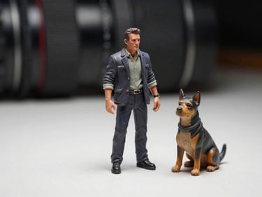Three-quarter studio shot of a detailed 3D-printed miniature human figurine and a pet figure side by side on a white surface, daylight-balanced continuous light revealing resin surface finish and facial detail