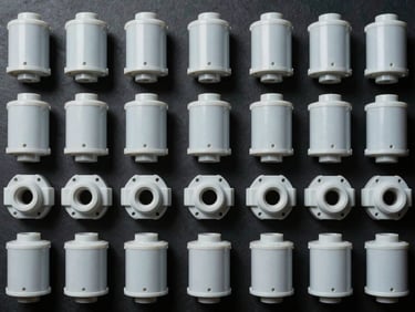 Overhead flat-lay studio shot of multiple identical industrial plastic components organized in a grid on a dark surface, uniform studio strobe lighting showing consistent surface finish across all units, cool tones