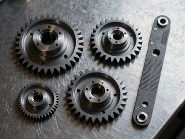 Overhead flat-lay of 3D-printed rare automotive gear and bracket components on a matte dark steel surface, studio strobe lighting, sharp detail on layer lines and tolerance fits