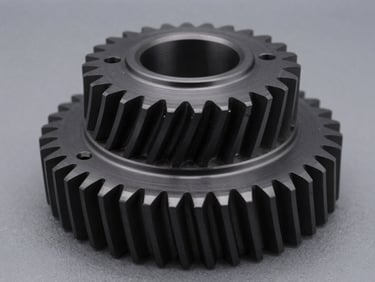 Macro three-quarter studio shot of a precision-milled matte-black automotive gear cluster with visible layer tolerances and clean surface finish, placed on a cool-grey background under controlled strobe lighting, sharp edge detail