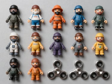 Overhead flat-lay of high-detail 3D-printed collectible toy figures and precision fidget spinners arranged in a grid on a light grey surface, controlled strobe lighting, surface detail sharp
