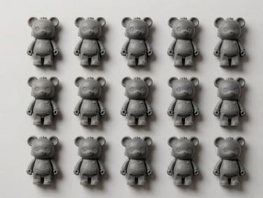 Overhead studio flat-lay of twelve identical 3D printed collectible pieces arranged in three rows of four, demonstrating batch production consistency, daylight-balanced studio light, matte surface, each piece identically finished