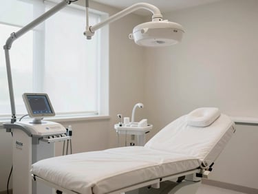 Sleek, architectural medical spa treatment room with pristine equipment, soft neutral tones, and diffused window light.