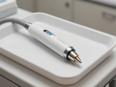 Close-up of a modern aesthetic laser device tip resting on a sterile white tray, soft shadows, clean luxury clinic setting.