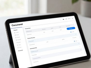 A clean, elegant mockup of a custom CRM dashboard displaying patient booking metrics on a sleek tablet, bright diffused daylight.