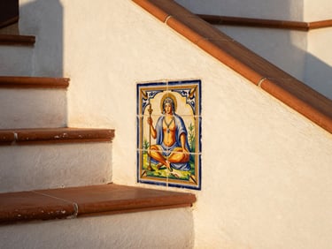 Detail shot of hand-painted Spanish tiles on a white stucco staircase, warm golden hour light casting soft shadows.