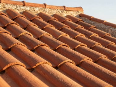 Close-up abstract pattern of overlapping terracotta roof tiles, warm reddish-brown clay textures under bright California sun.