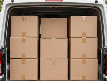 Neatly organized cardboard boxes stacked inside a clean moving truck, bright daylight, structured layout