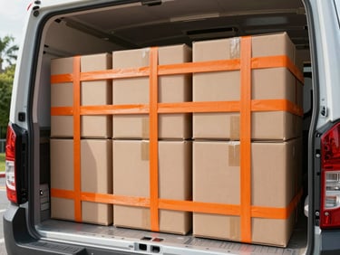 Crisp editorial photography, bright morning daylight. Interior of a modern moving truck with neatly organized boxes secured tightly with heavy-duty orange straps.