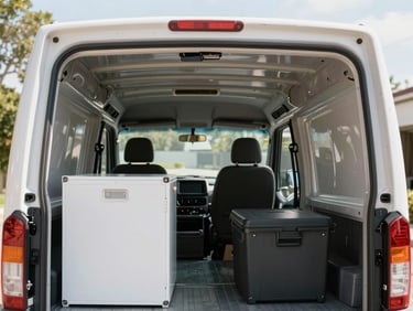 Crisp editorial photography of a neatly organized moving truck interior, bright morning daylight, clean natural colors, sharp focus, 35mm lens