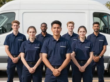 A group of professional movers in clean navy uniforms standing proudly in front of a transport vehicle, bright morning daylight, natural confident smiles, sharp focus, 35mm lens.
