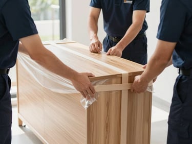 Professional movers in clean navy uniforms carefully wrapping an oak cabinet in protective padding, bright morning daylight, close-up on hands securing straps