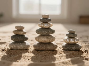 Smooth stones stacked in perfect balance on a sandy surface, soft shadows, warm natural textures, shallow depth of field, warm editorial photography, 35mm