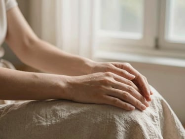 Hands in a gentle resting position on a soft linen fabric, warm domestic space, diffused morning window light, warm editorial photography, 35mm