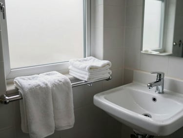 Wide environmental shot of a cleaned bathroom interior, bright daylight from a frosted window, folded white towels on a rail, wiped basin and mirror, no people, documentary and task-complete