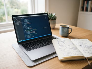 A clean, bright workspace showing a laptop with code on screen next to a notebook with handwritten economic equations, soft blue tones, daylight, shallow depth of field, 35mm
