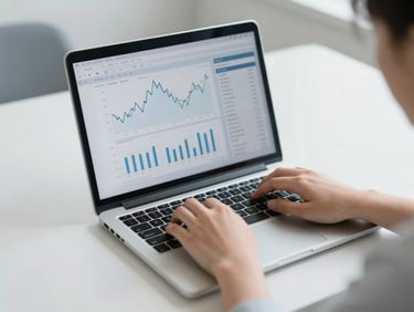 A student's hands typing on a laptop displaying detailed performance analytics and line charts, clean modern desk, soft blue tones.