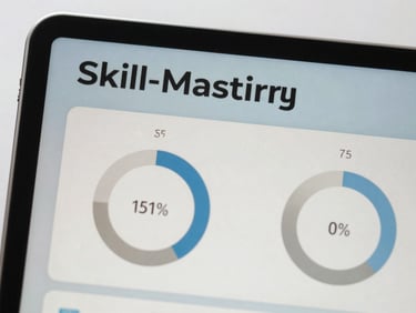 A close-up of a tablet screen showing real-time skill-mastery tracking with precise progress rings and clean slate typography, bright daylight, shallow depth of field.