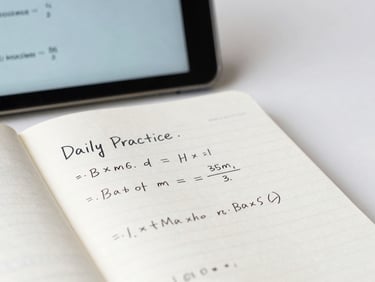 A clean notebook with handwritten math equations sits next to a digital screen displaying a personalized daily practice list, bright natural daylight, 35mm.