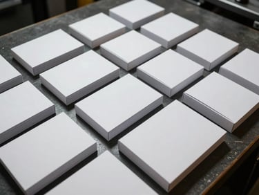 A grid of finished white-label boxes and booklets arranged neatly on a dark industrial surface under sharp, high-contrast studio lighting, highlighting clean technical borders and precise booklet geometry.